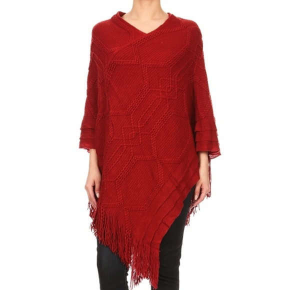 NEW Women's Solid Red Maroon Fringed Poncho - Picture 3 of 4